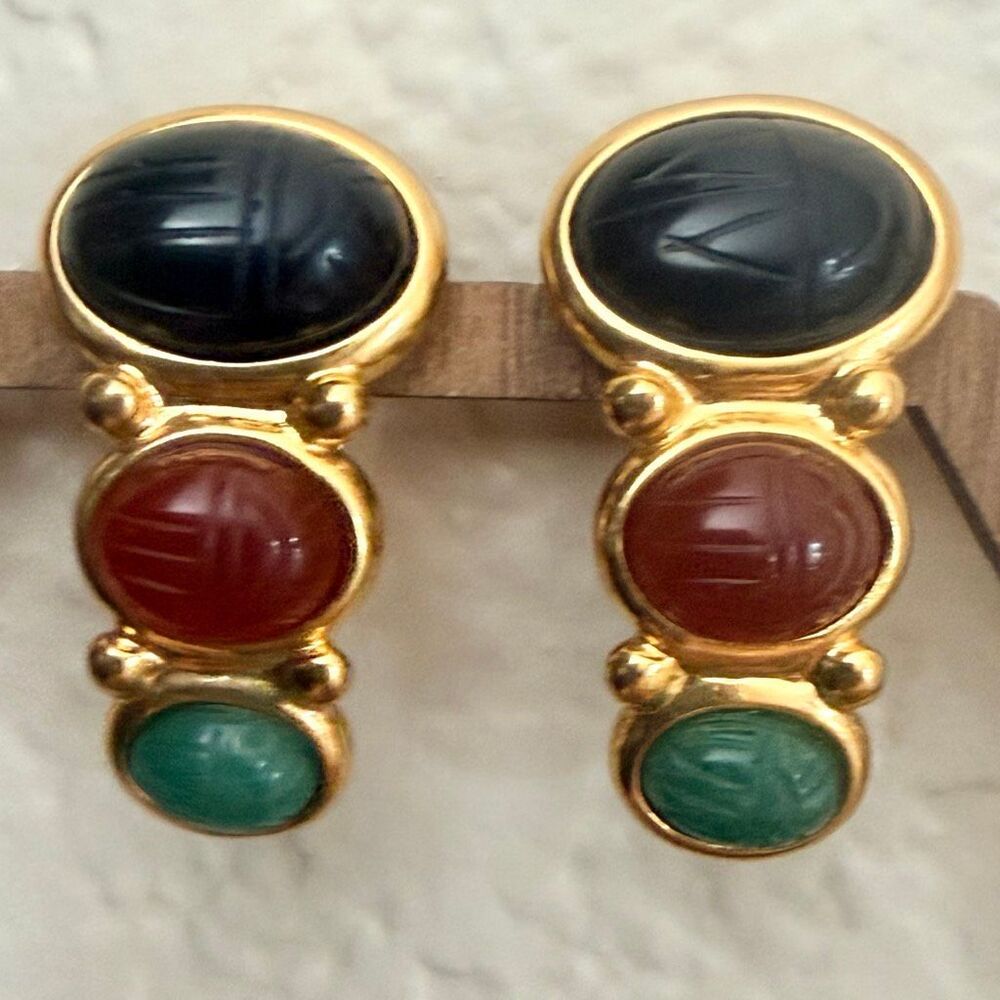 Vintage Weingeroff W Carved Scarab Stone Clip Earrings Onyx Carnelian Jade